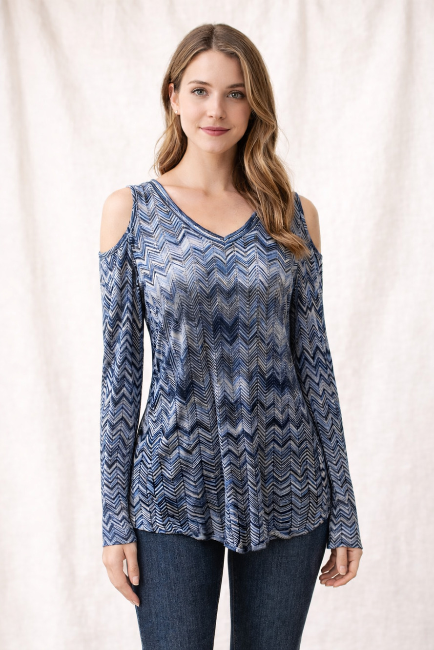White House Black Market M Cold Shoulder Chevron Knit Top Boho Casual